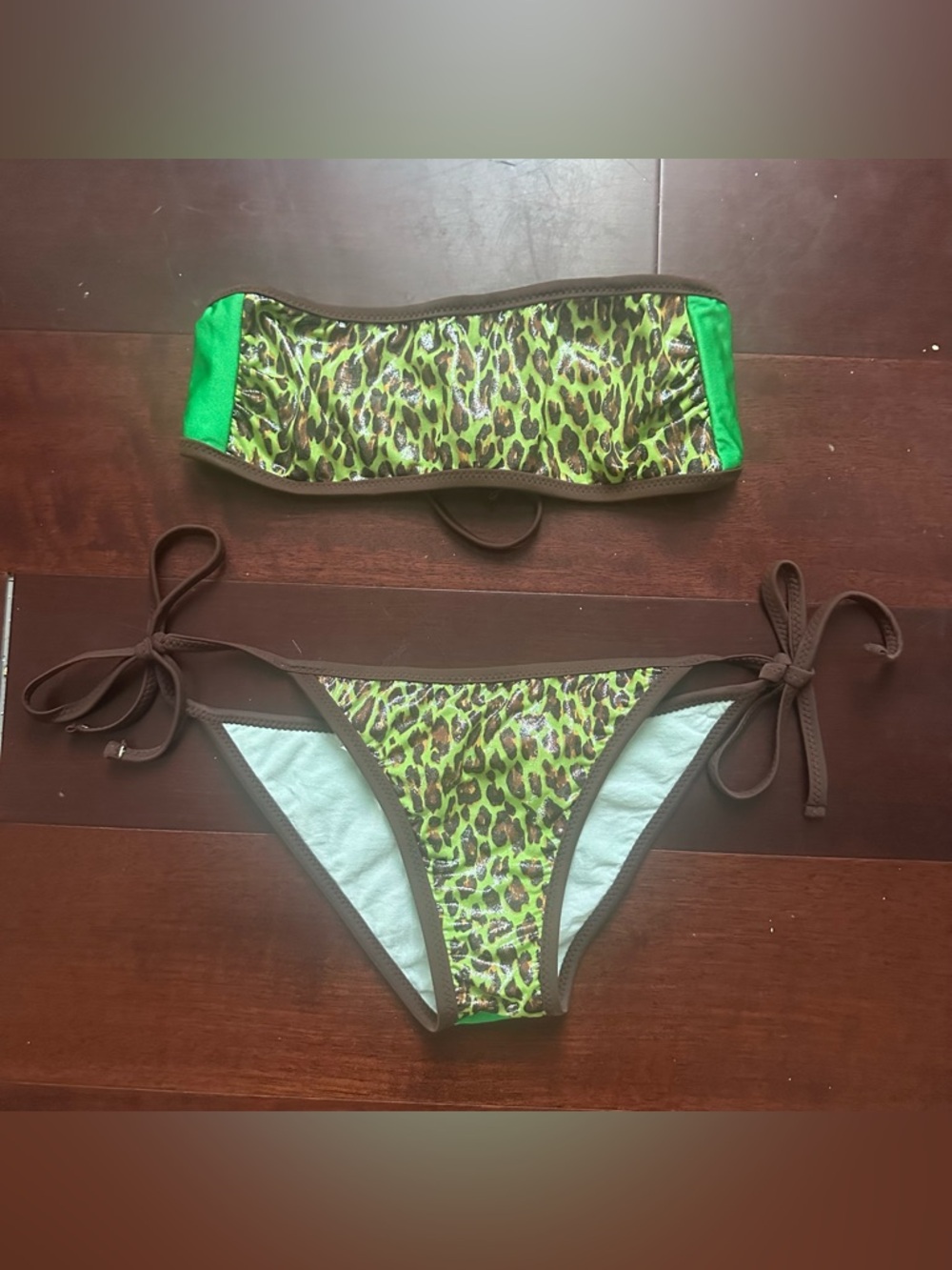 Vintage Italian Green Leopard-Print Colorblock Bandeau Bikini Set
